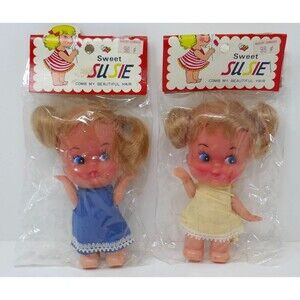 Elmar Sweet Susie  MCM Vintage Girl Dolls Big Blue Eyes Pigtail Rubber Face